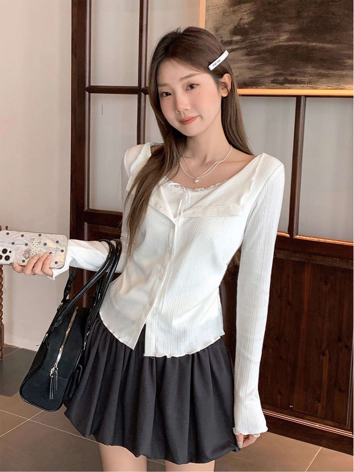 蕾丝领假两件单排扣长袖T恤秋季穿搭设计感温柔风收腰显瘦打底衫