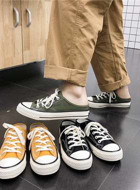 夏季ins帆布鞋男2025新款一脚蹬布鞋懒人板鞋半拖无后跟半踩拖鞋