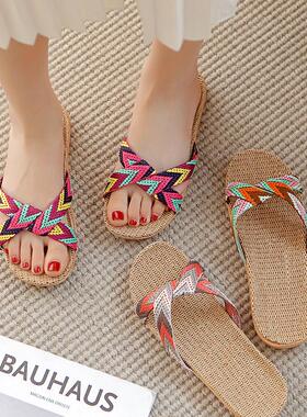 日本居家亚麻拖鞋女夏天家用室内外地板防滑底情侣款男士凉拖鞋