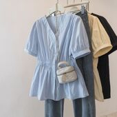 小清新减龄盐系衬衫 夏季 宽松显瘦娃娃衫 胖mm韩系甜美风方领泡泡袖