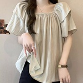 衬衫 大码 气质甜美风复古方领雪纺短袖 女胖mm宽松显瘦遮肚百搭上衣