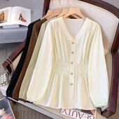 衬衫 设计感褶皱衬衣微胖mm大码 女秋季 时尚 上衣 新款 松紧收腰长袖