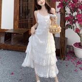 2024新款 白色蕾丝吊带连衣裙仙女夏超仙蛋糕内搭长裙子 法式
