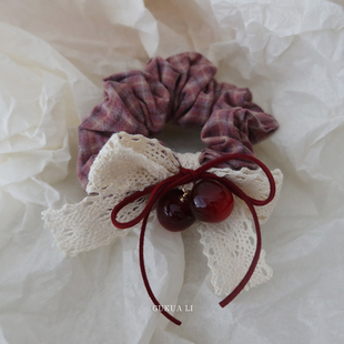 GUKUALI 蕾丝樱桃格子大肠发圈Lolita发饰发圈头绳 春夏日韩新款