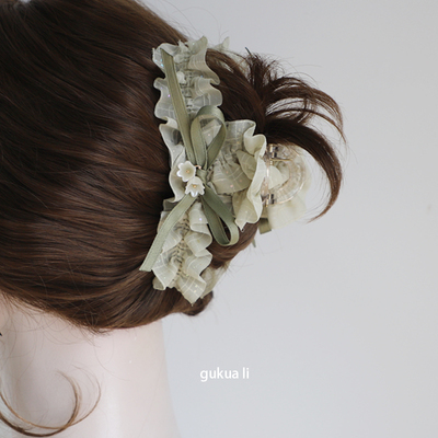 GUKUALI褶皱青绿色纱蝴蝶结抓夹女鲨鱼夹2025款发夹超仙甜美少女