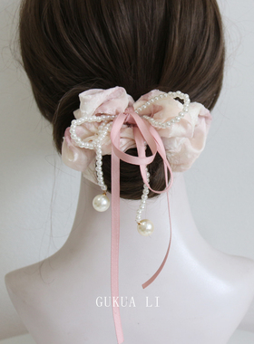 GUKUALI 2026夏季新款粉色碎花珍珠蝴蝶大肠发圈气质少女发饰头饰