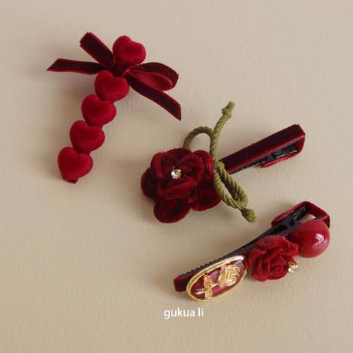 GUKUALI红色发夹结婚小边夹女侧边敬酒服头饰简单大气复古玫瑰花