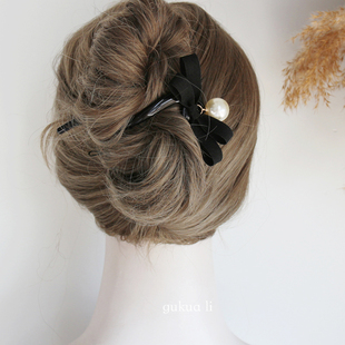黑色蝴蝶结珍珠扭扭夹发饰头饰简约百搭发夹 新款 GUKUALI 日韩夏季