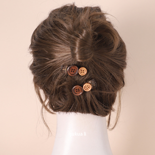 GUKUALI复古棕色木质感可爱纽扣发夹女一字夹鸭嘴夹发卡头饰发饰