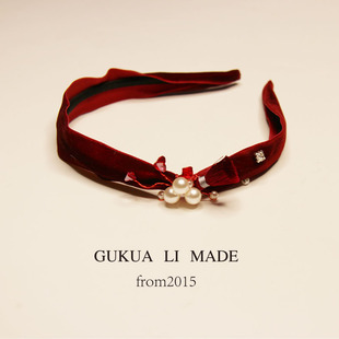 GUKUALI原创新年头饰丝绒珍珠新娘结婚红色发箍发饰春节发带女