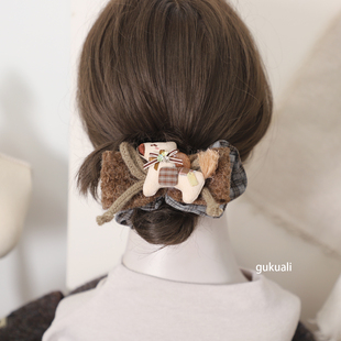 GUKUALI可爱格纹小马年发圈女氛围感头绳扎发皮筋头饰发饰毛绒新