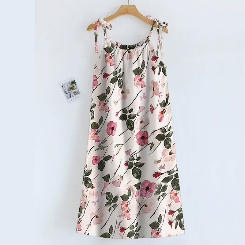 夭夭依~夏季碎花吊带裙女中长款吊带可调节宽松减龄遮肚子连衣裙