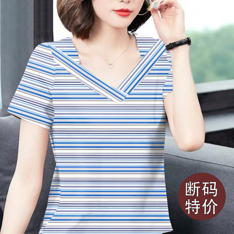 夏季新款条纹短袖t恤女设计感宽松显瘦体恤打底休闲正肩v领上衣女