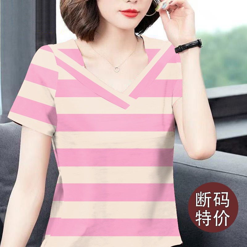 夏季新款条纹短袖t恤女设计感宽松显瘦体恤打底休闲正肩v领上衣女