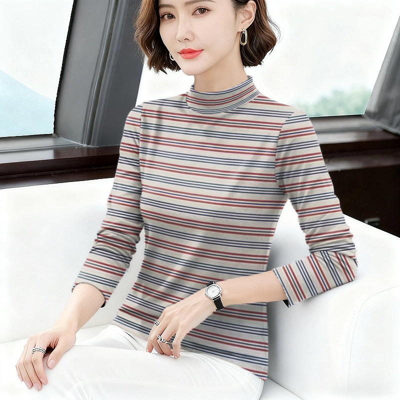 上新~时尚女装新款夏季薄款半高领打底条纹长袖宽松显瘦T恤女上衣