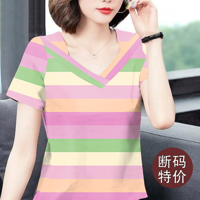 夏季新款条纹短袖t恤女设计感宽松显瘦体恤打底休闲正肩v领上衣女