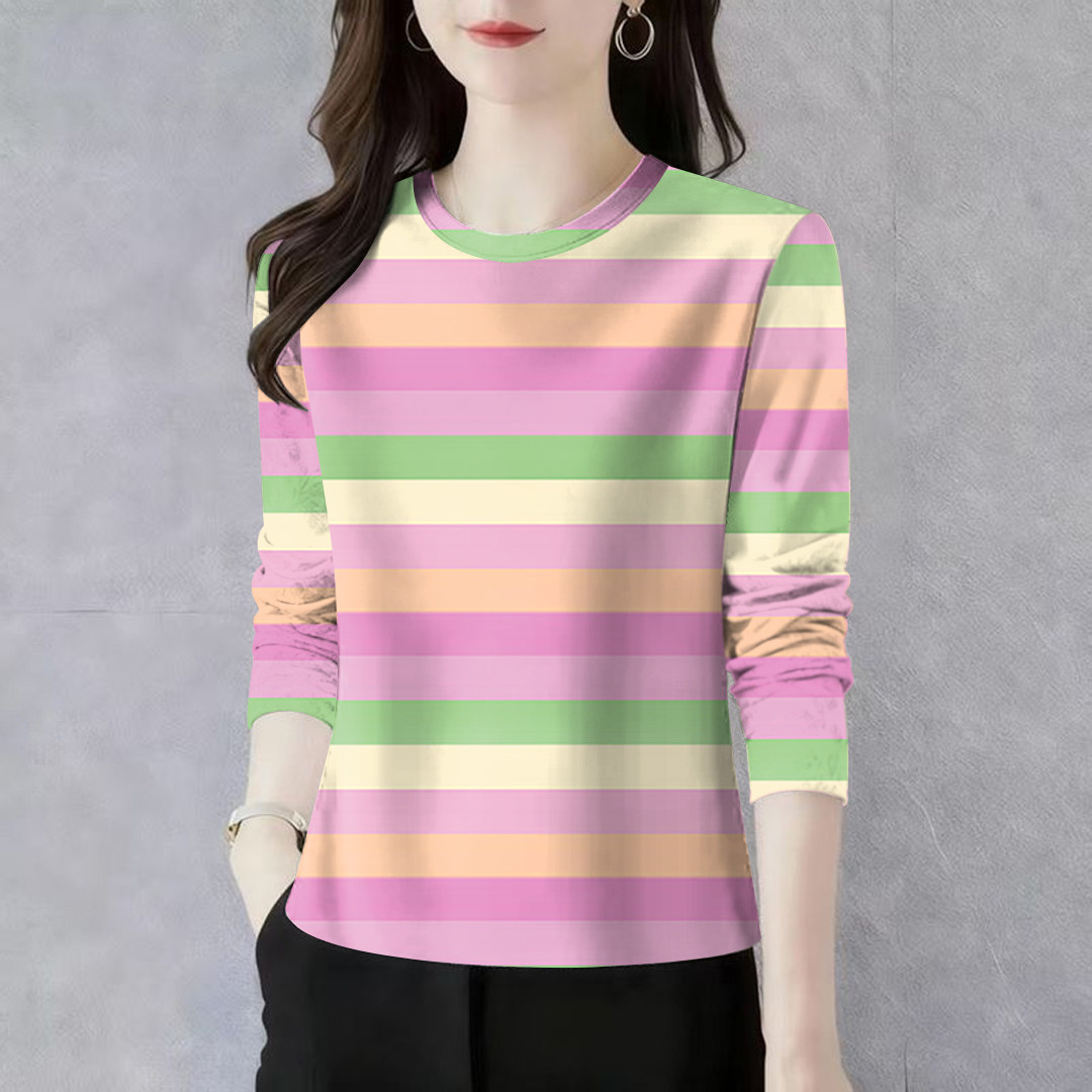 上新~薄款打底上衣新款减龄条纹长袖宽松百搭遮肚显瘦T恤女上衣潮