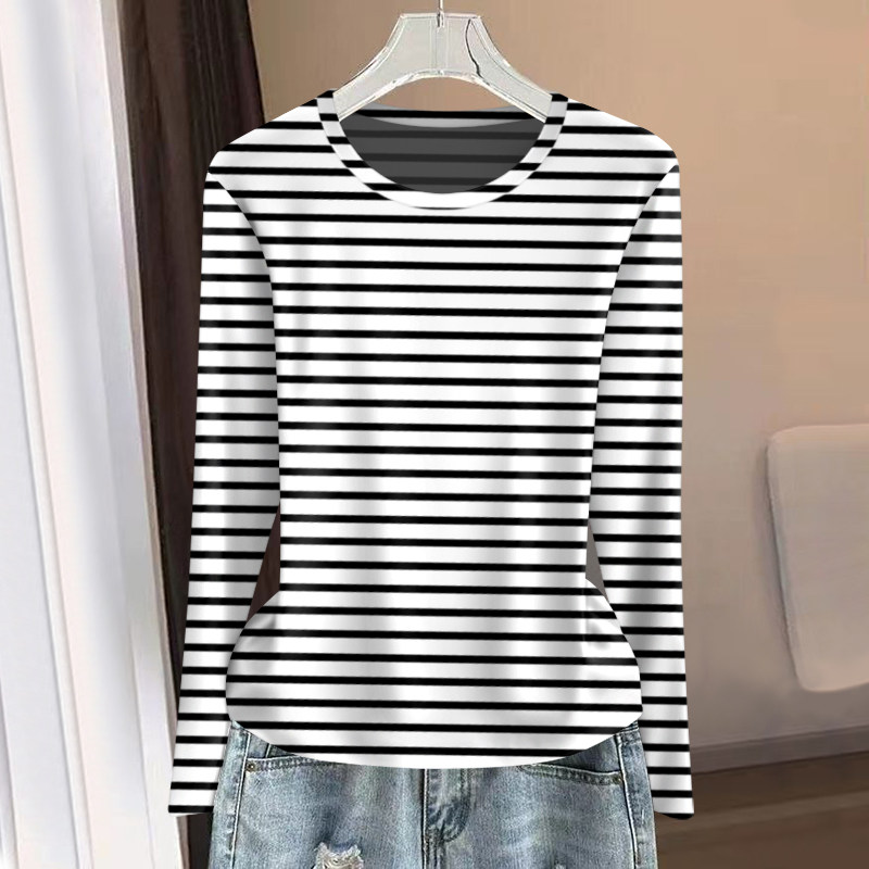 好品捡漏~新款上衣女减龄复古条纹长袖宽松遮肚子显瘦T恤女上衣潮