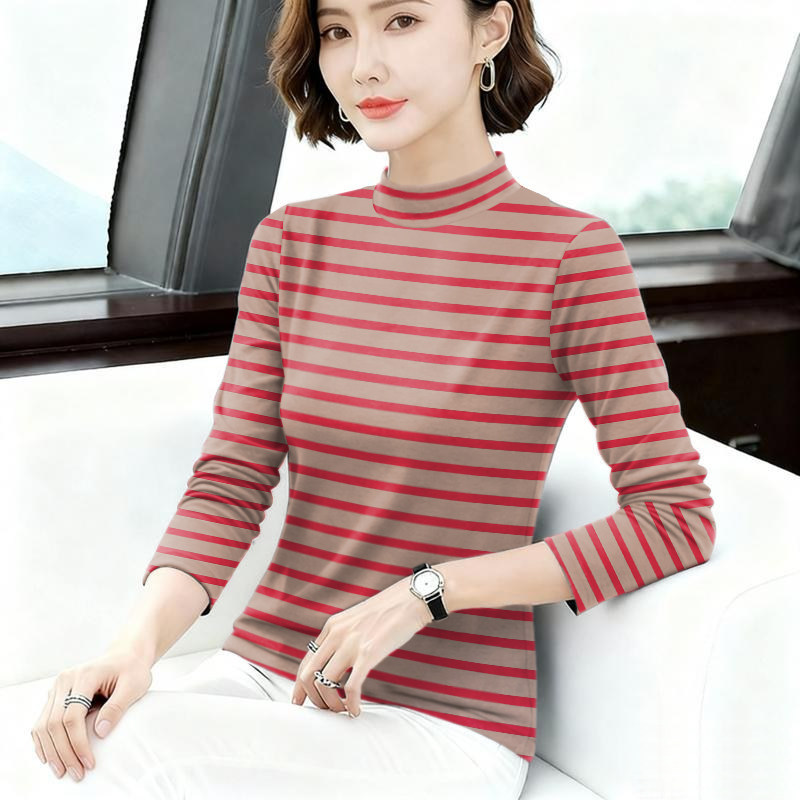 夏季薄款半高领条纹显瘦女T恤
