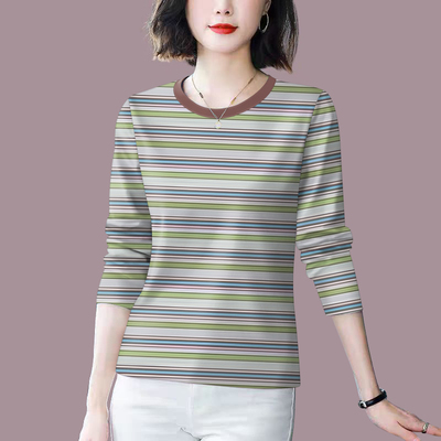 好品捡漏~早秋上衣女新款减龄条纹长袖宽松遮肚显瘦T恤女上衣潮
