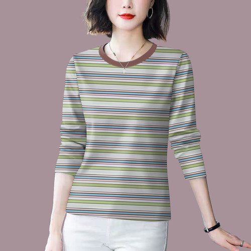 好品捡漏~早秋上衣女新款减龄条纹长袖宽松遮肚显瘦T恤女上衣潮