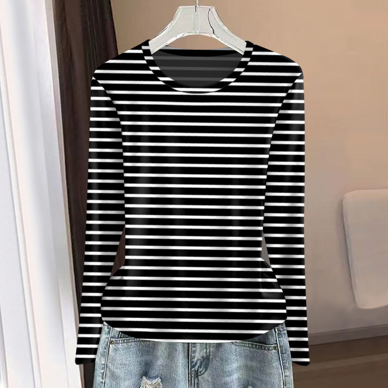 好品捡漏~新款上衣女减龄复古条纹长袖宽松遮肚子显瘦T恤女上衣潮