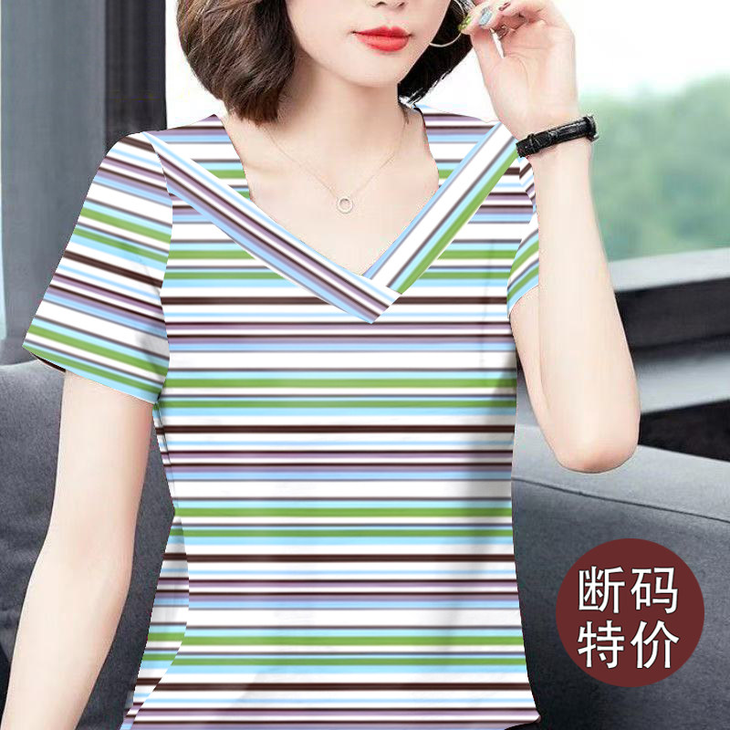 夏季新款条纹短袖t恤女设计感宽松显瘦体恤打底休闲正肩v领上衣女