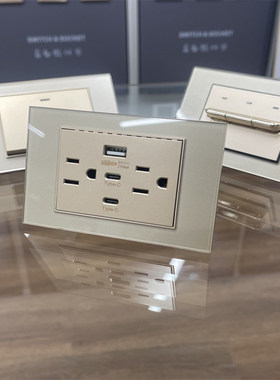 台湾118型Type-c快充110v美标15A金色钢化玻璃面板双USB3.1A插座