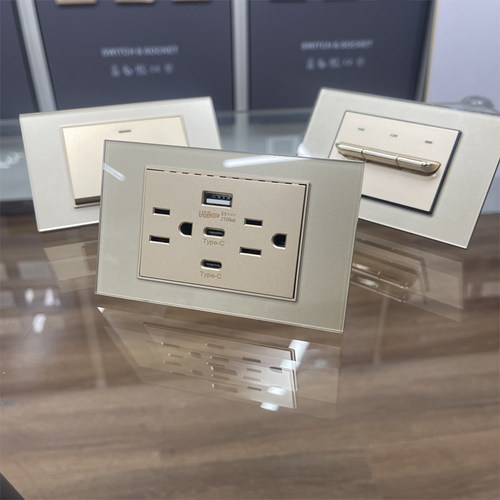 台湾118型Type-c快充110v美标15A金色钢化玻璃面板双USB3.1A插座