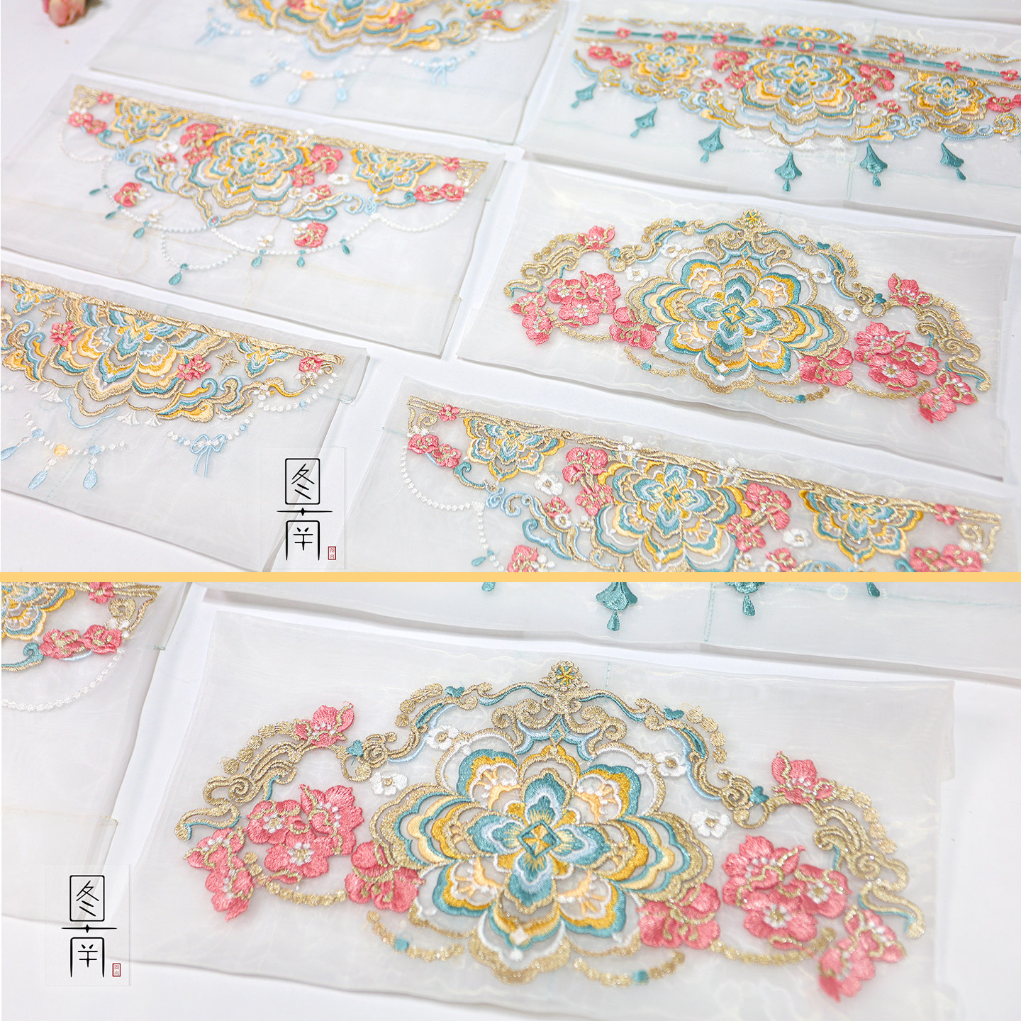 图南原创绣花蓝玉团花诃子裙头腰头面料童装娃衣汉服古风绣片diy