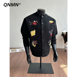 QNMN美式复古童趣腊肠狗刺绣开衫毛衣男女宽松纽扣针织衫开衫男生