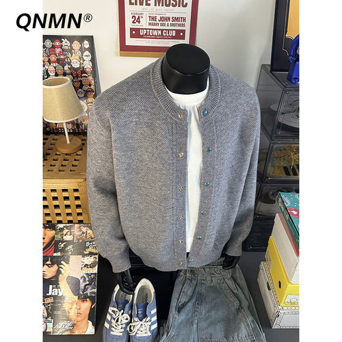 QNMN美式风棒球领绿松石男开衫男