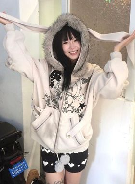 亚比风兔耳连帽卫衣女秋冬宽松设计感小众加绒开衫上衣