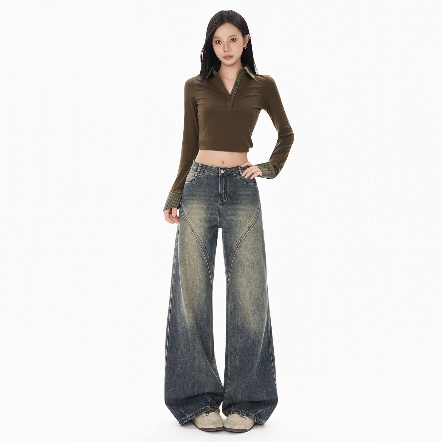 复古高腰阔腿水洗牛仔裤女冬季日常穿搭拼接显瘦宽松垂感直筒长裤,女装/女士精品,牛仔裤,淘宝优惠券,粉丝福利购,淘宝优惠卷