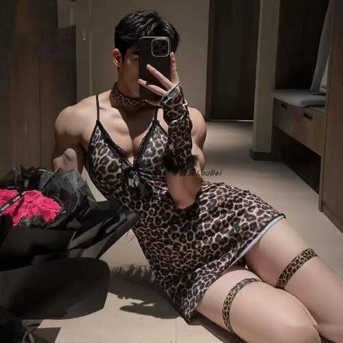 情趣男士专用内衣性感豹纹cos服装小男娘大码紧身包臀连衣睡裙gay