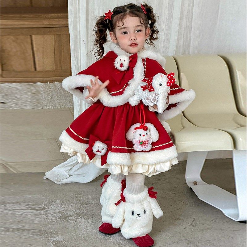 女童新年拜年服儿童斗蓬战袍红色秋冬加厚高级感公主裙宝宝洛丽塔