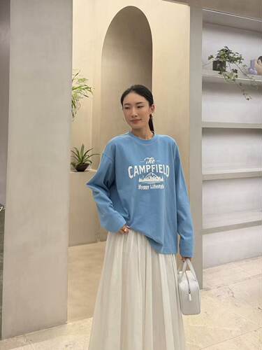 重磅新疆长绒棉美式复古印花微弧后摆长袖T恤