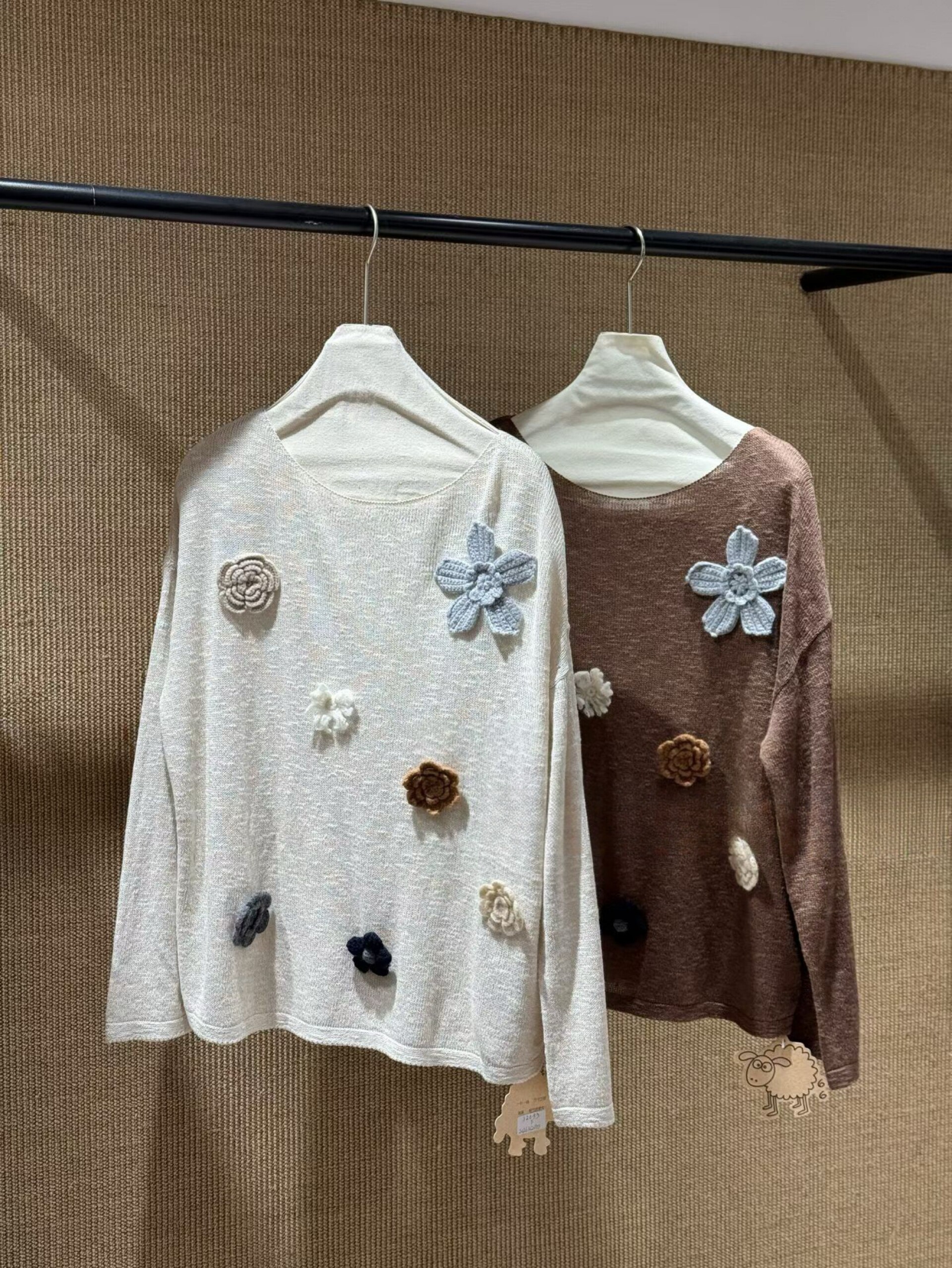 南油原创设计师女慵懒老钱性感微透女人味宽松花朵真丝亚麻针织衫