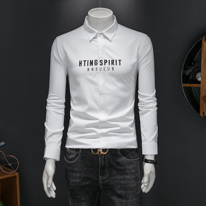 男士字母印花潮流长袖莫代尔棉衬衫春秋季修身刺绣衬衣A0866P135,男装衬衫,电商D220