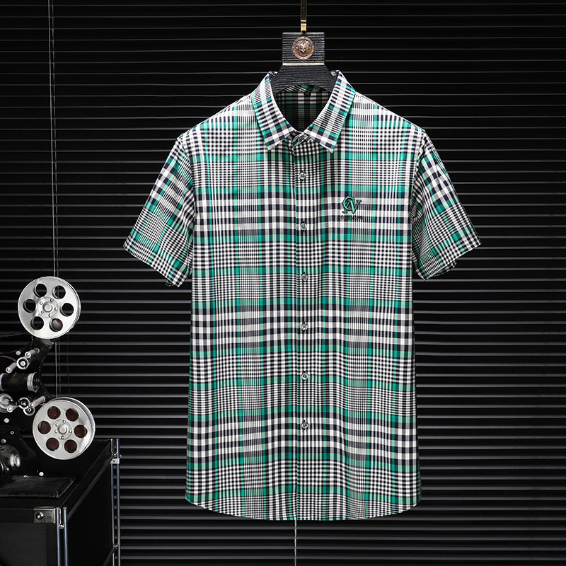 2025男士潮流新款修身格子刺绣衬衣青年短袖衬衫H3537P125，男装衬衫，电商D220