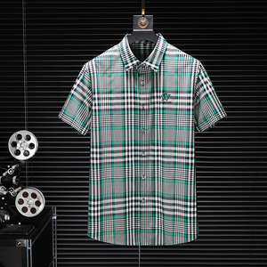 2025男士潮流新款修身格子刺绣衬衣青年短袖衬衫H3537P125,男装衬衫,电商D220