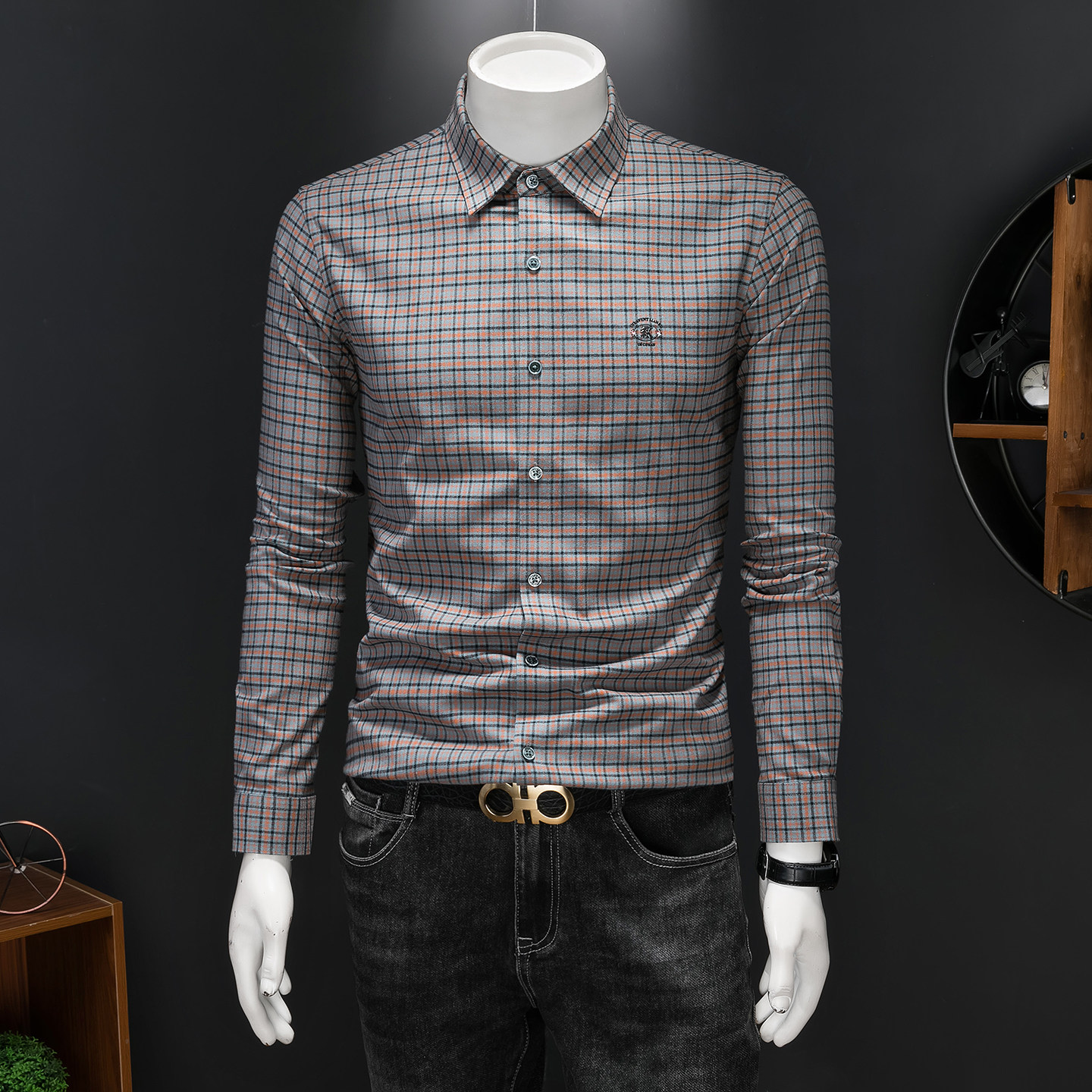 2026年男春秋季新款格子长袖衬衫时尚潮牌修身印花衬衣A9253P130，男装衬衫，电商D220