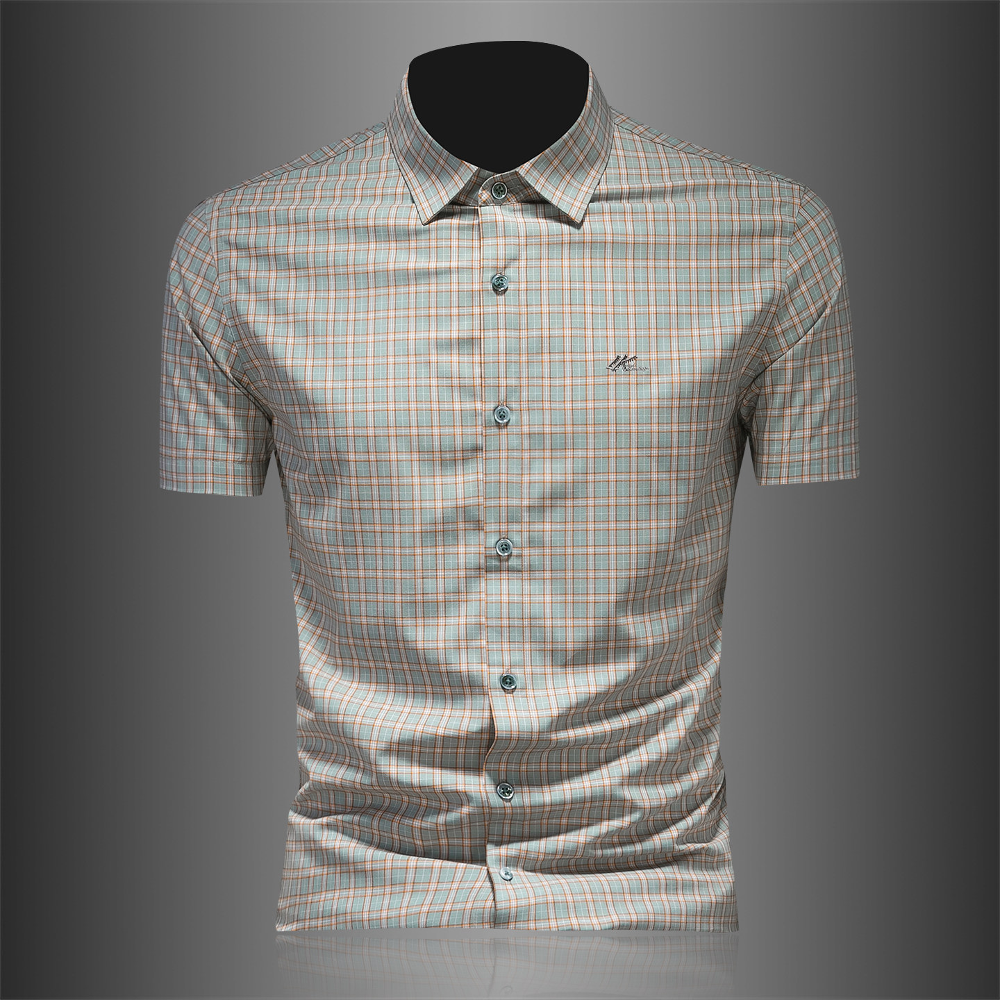 2026男士潮流新款修身格子刺绣衬衣青年短袖衬衫3585P120，男装T恤，电商D220