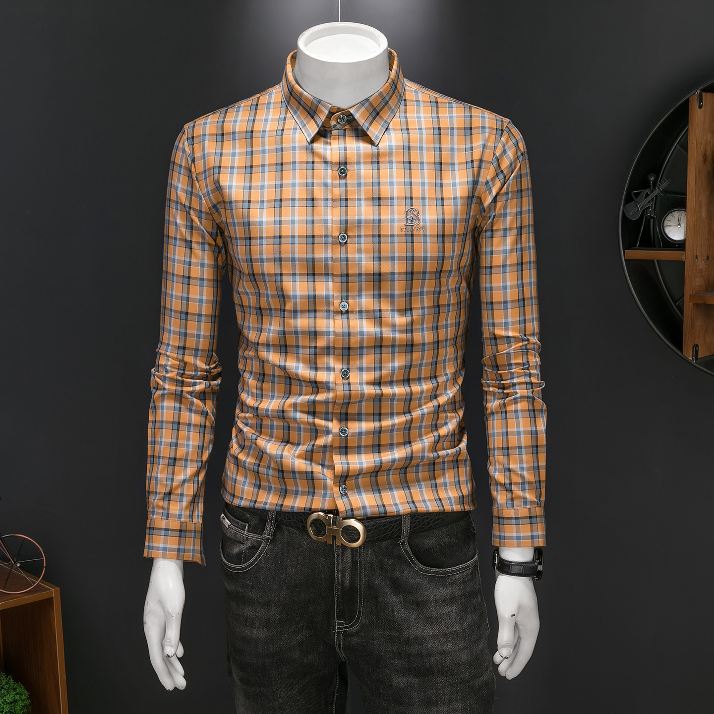 2026年男春秋季新款格子长袖衬衫时尚潮牌修身印花衬衣A9202P130，男装衬衫，电商D220
