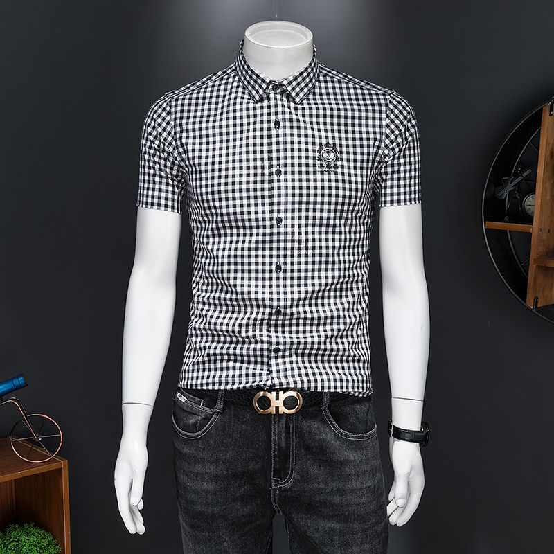 2025年男士夏季新款欧货格子刺绣短袖衬衫翻领半袖衬衣H302P125，男装衬衫，电商D220