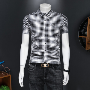 2025年男士夏季新款欧货格子刺绣短袖衬衫翻领半袖衬衣H302P125,男装衬衫,电商D220