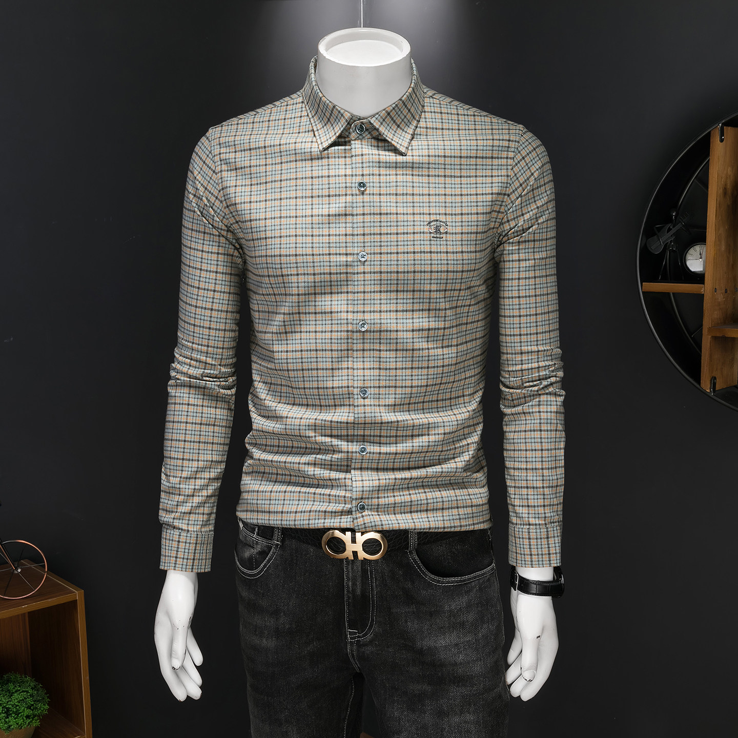 2026年男春秋季新款格子长袖衬衫时尚潮牌修身印花衬衣A9253P130，男装衬衫，电商D220