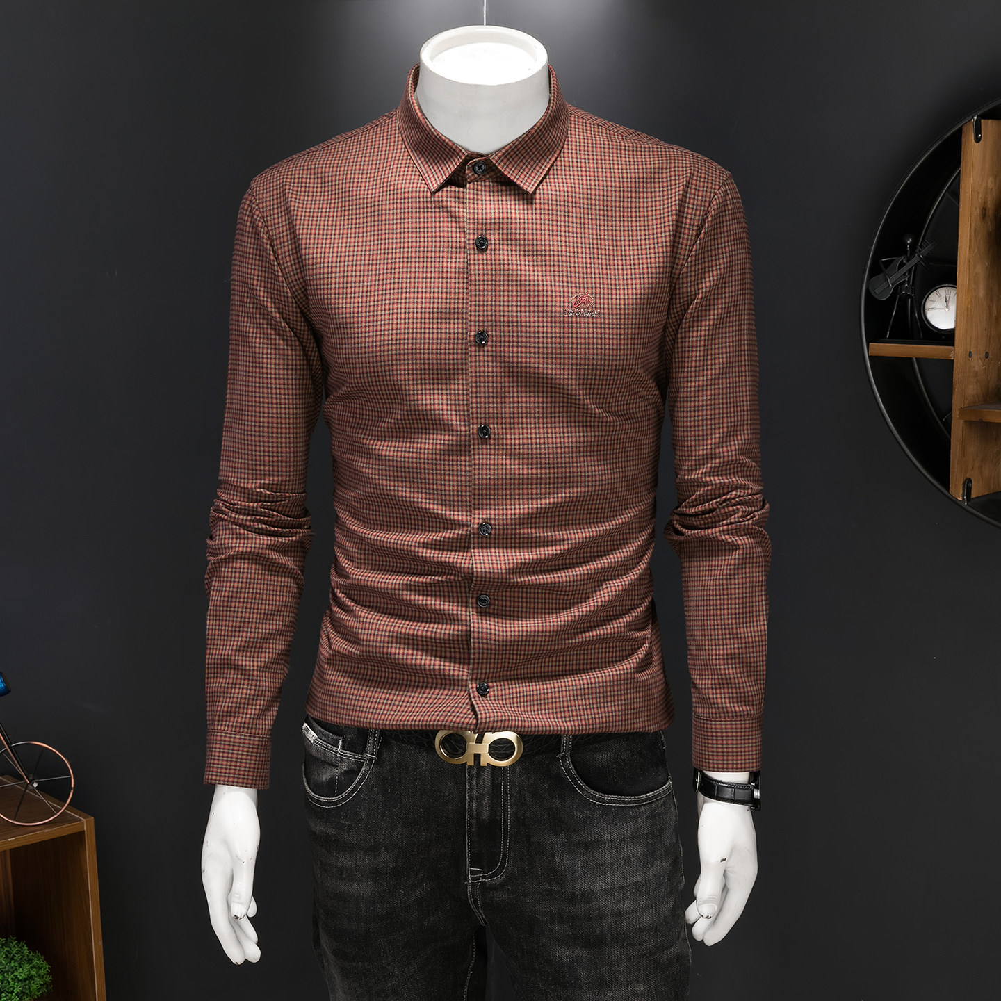 2026年男春秋季新款格子长袖衬衫时尚潮牌修身印花衬衣A9235P130，男装衬衫，电商D220