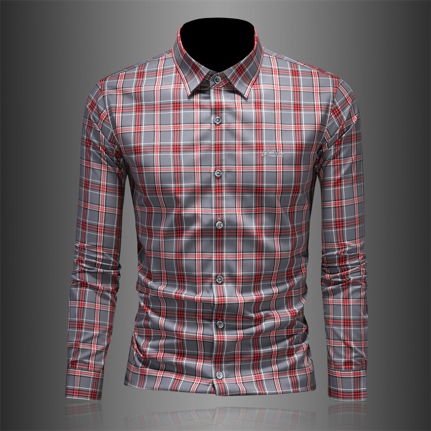 2026年男春秋季新款格子长袖衬衫时尚潮牌修身印花衬衣A9266P130，男装衬衫，电商D220
