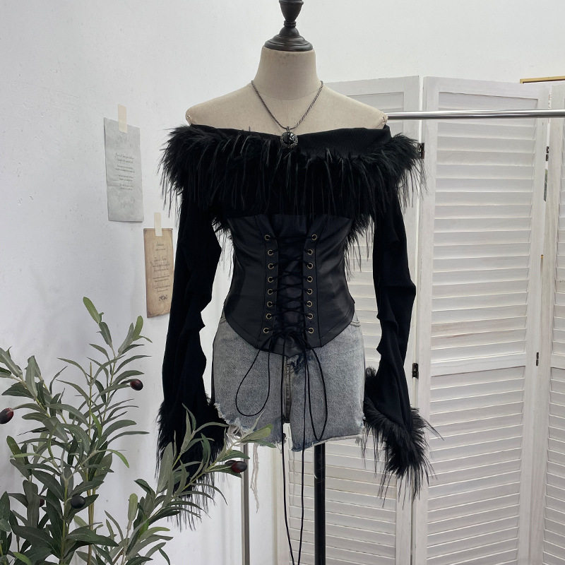 实拍 千禧Y2K毛绒拼接pu皮绑带收腰褶皱喇叭长袖一字肩上衣女,女装/女士精品,T恤,淘宝优惠券,粉丝福利购,淘宝优惠卷